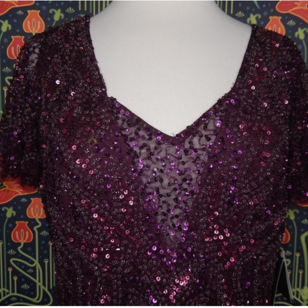 Adrianna Papell Plum Purple Beaded Sequin Flutter Sleeve Cocktail Dress - Picture 6 of 9